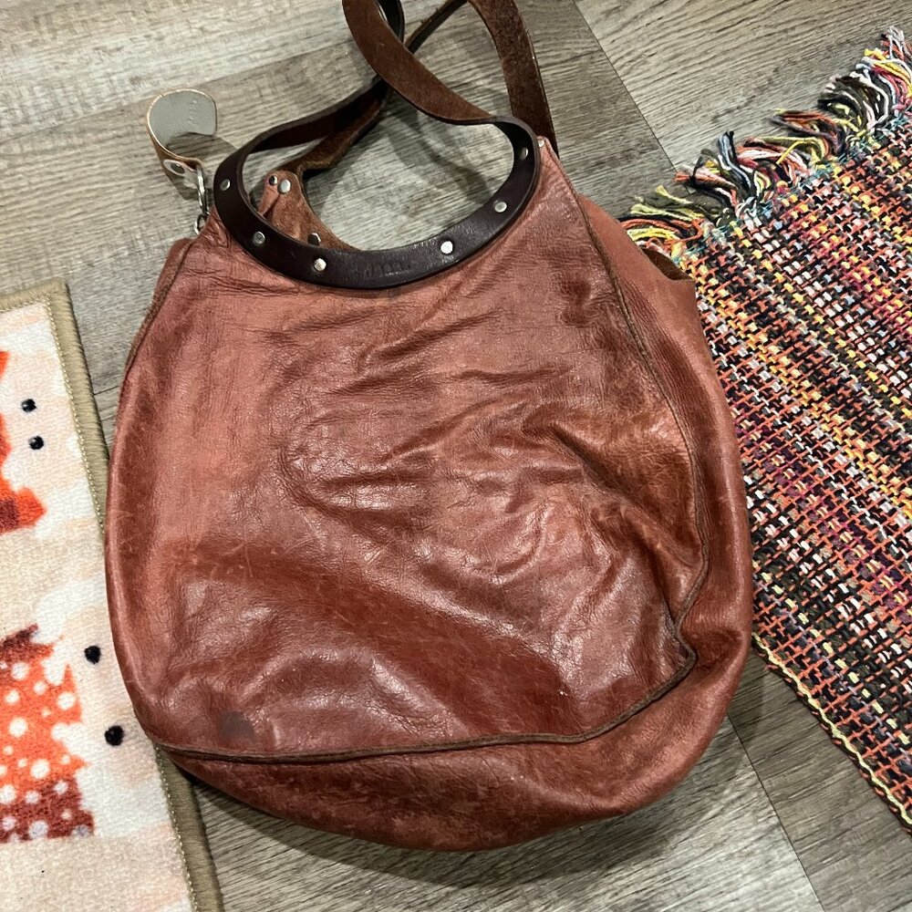Leather Dean Bag Teardrop Round Handle Hobo Boho Two‎ Tone Hippie Western Medium